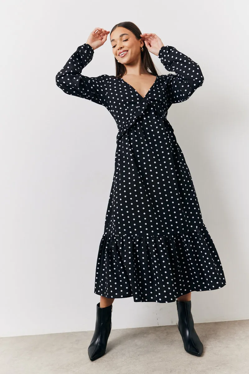 Black and White Polka Dot Frill Detail Midaxi Dress sold by Chi Chi London