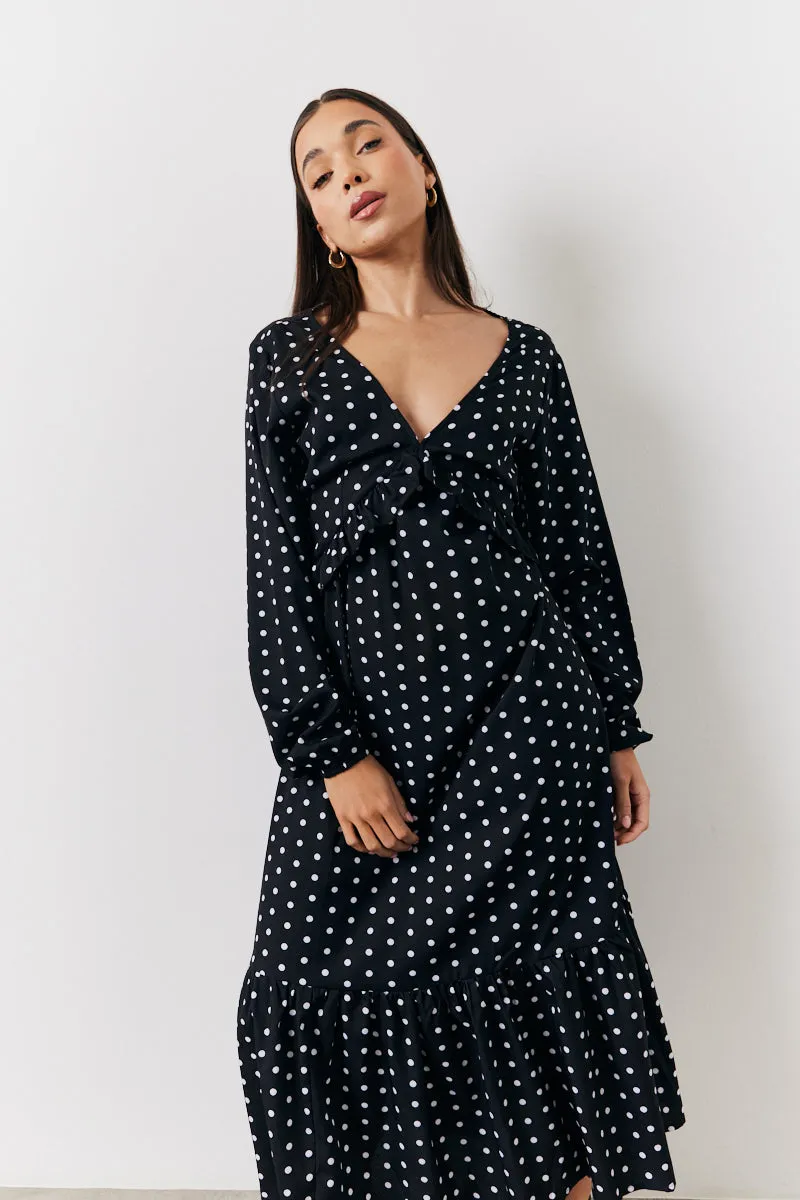 Black and White Polka Dot Frill Detail Midaxi Dress sold by Chi Chi London product image thumbnail 2
