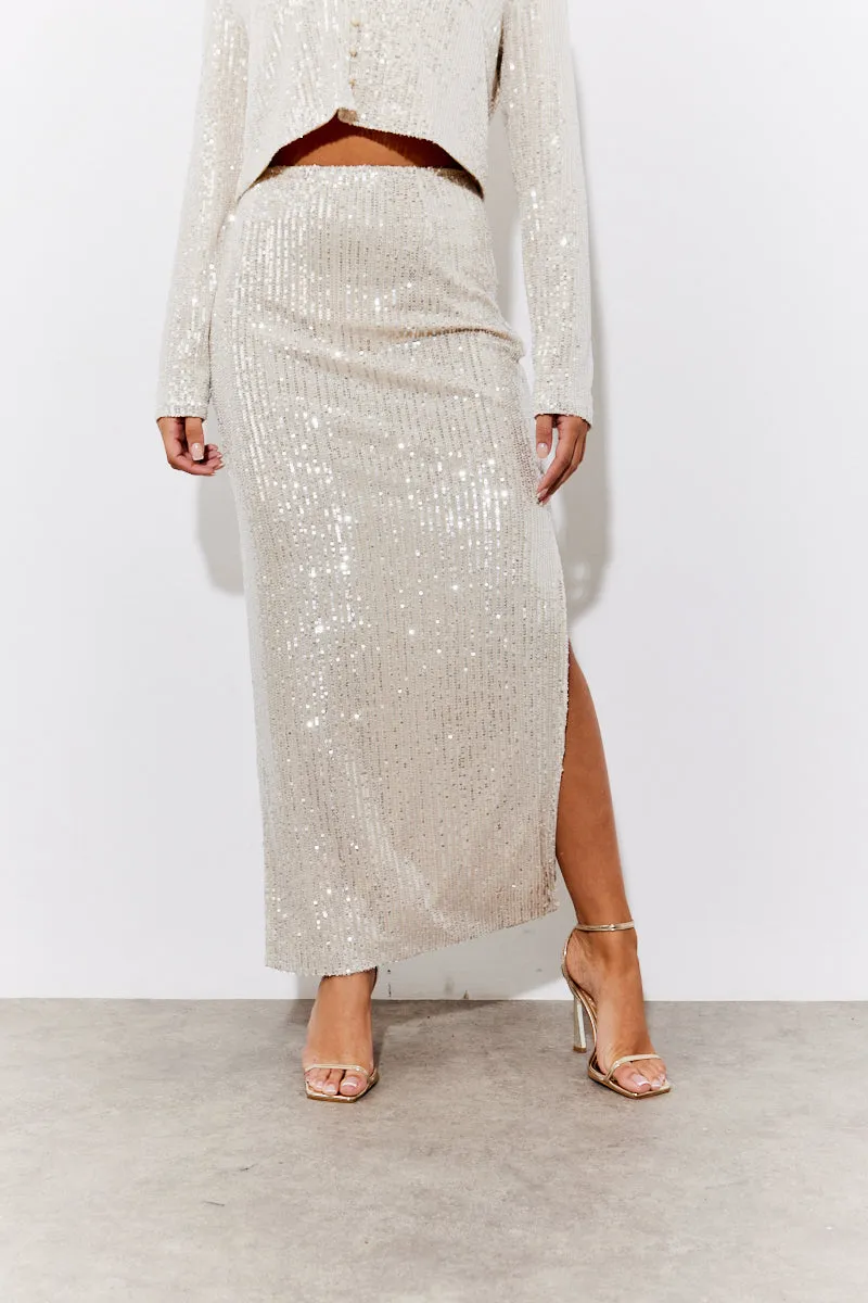 Gold Sequin Slit Detail Midi Skirt sold by Chi Chi London product image thumbnail 2