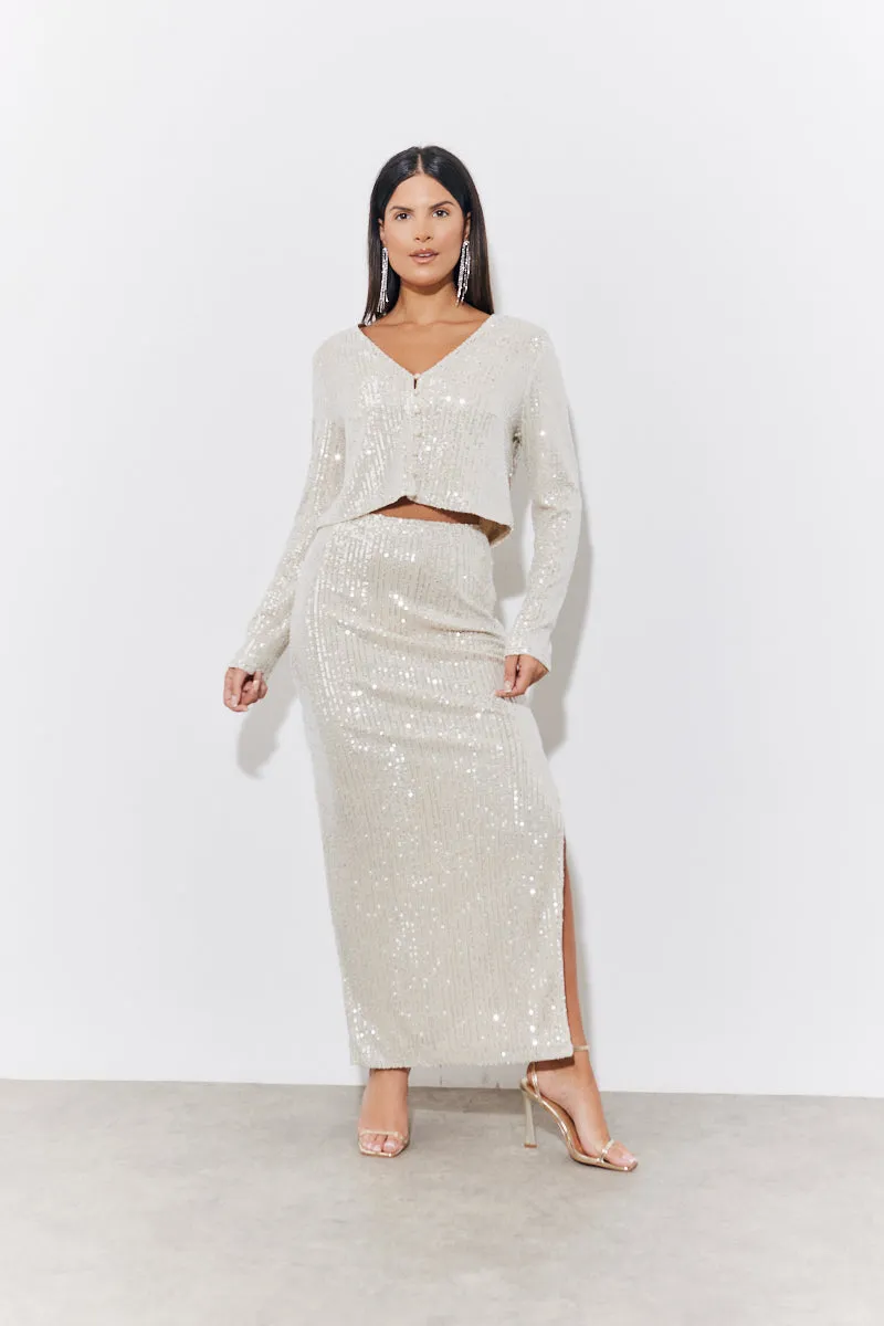Gold Sequin Slit Detail Midi Skirt sold by Chi Chi London