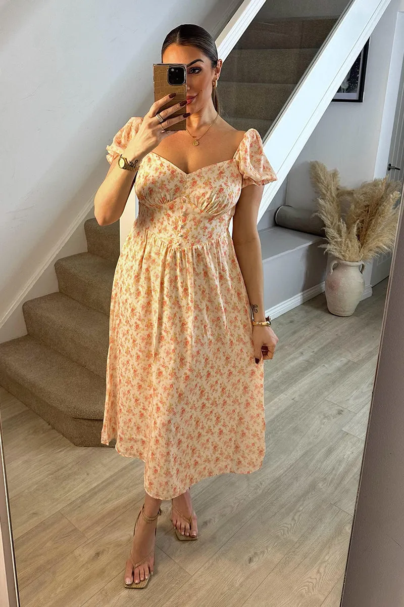 Cream Floral Print Puff Sleeve Milkmaid Midi Dress sold by Chi Chi London product image thumbnail 5