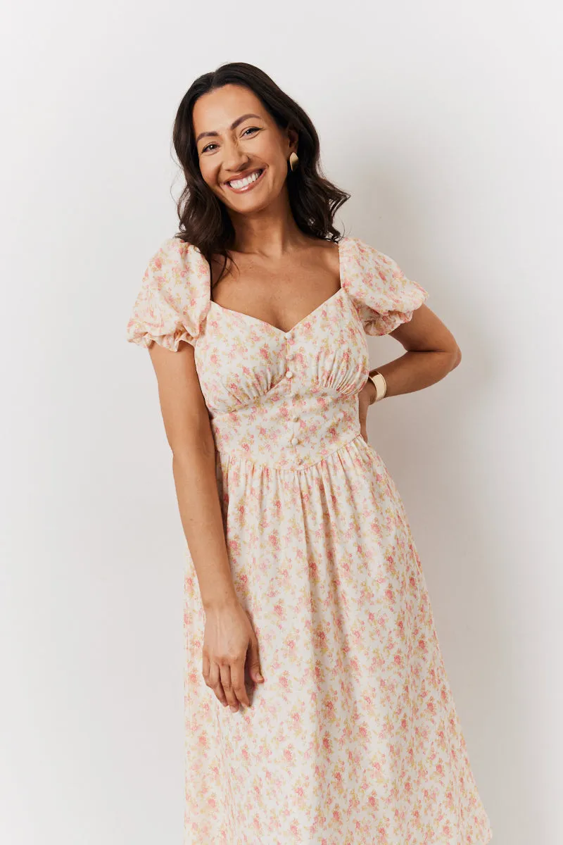 Cream Floral Print Puff Sleeve Milkmaid Midi Dress sold by Chi Chi London product image thumbnail 2