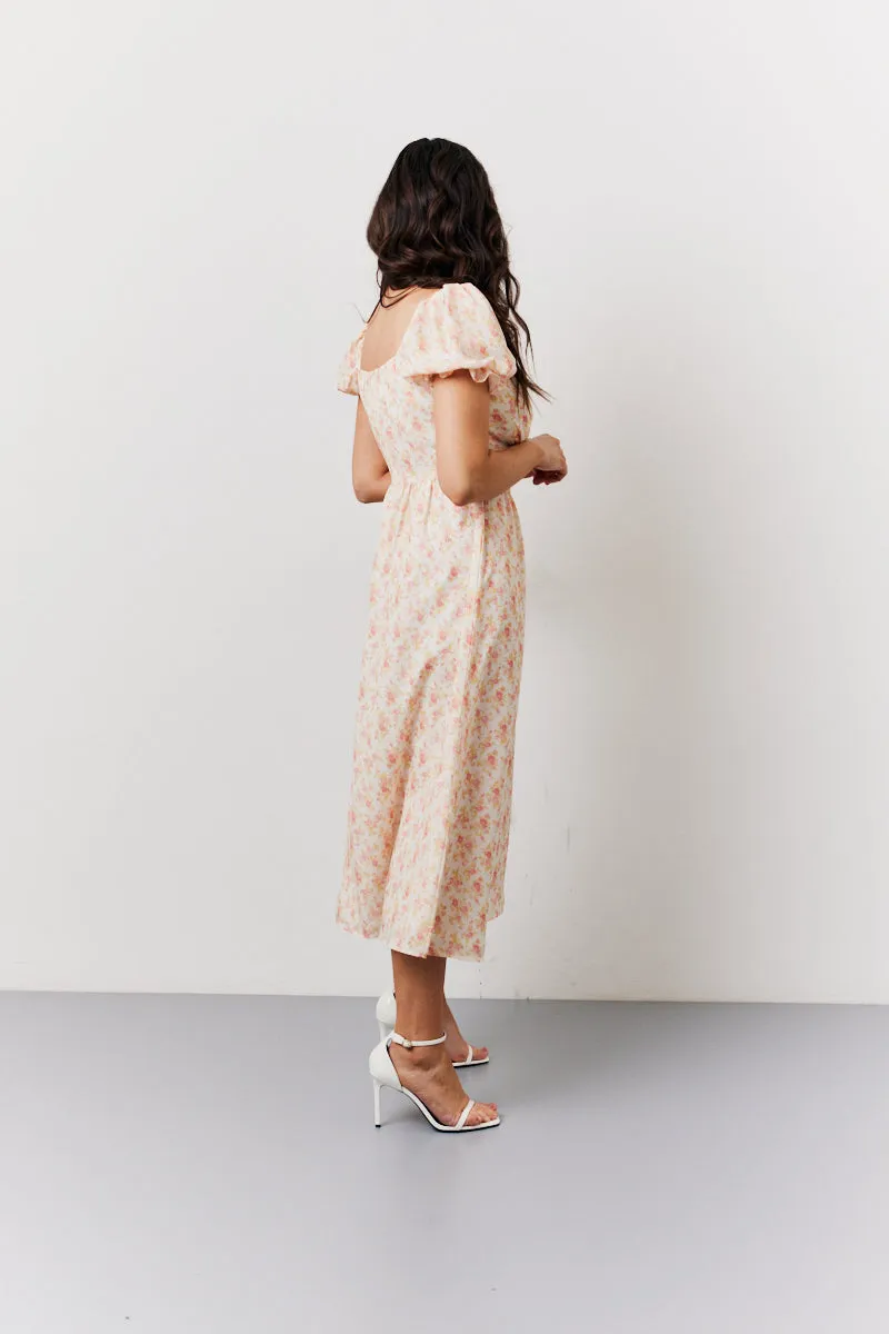 Cream Floral Print Puff Sleeve Milkmaid Midi Dress sold by Chi Chi London product image thumbnail 3