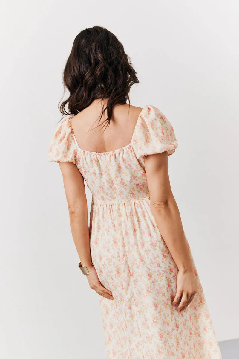 Cream Floral Print Puff Sleeve Milkmaid Midi Dress sold by Chi Chi London product image thumbnail 4