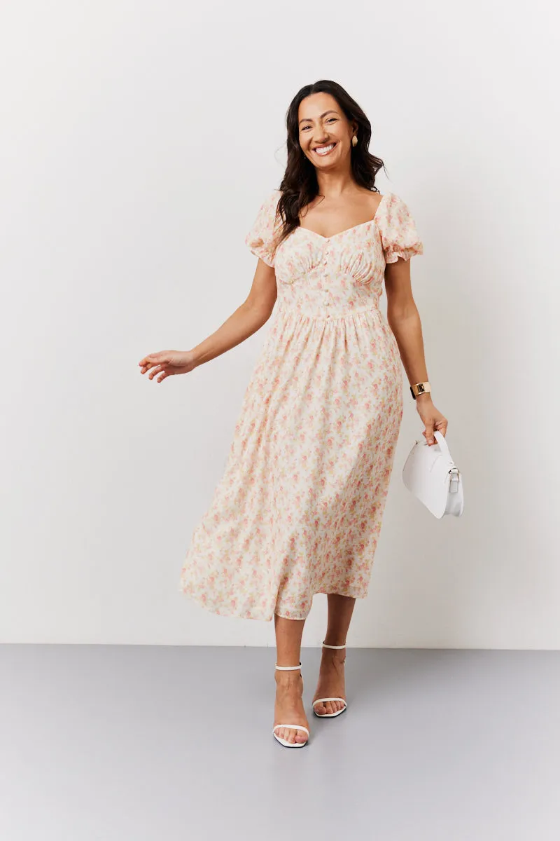 Cream Floral Print Puff Sleeve Milkmaid Midi Dress sold by Chi Chi London