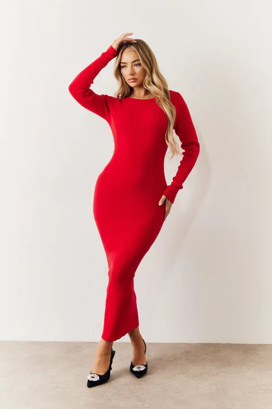 Red Bow Back Knitted Midaxi Dress made by In the style