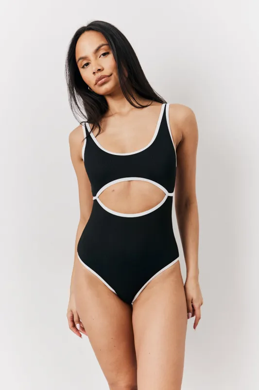 Black Ribbed Contrast Binding Cut Out Swimsuit made by In the style