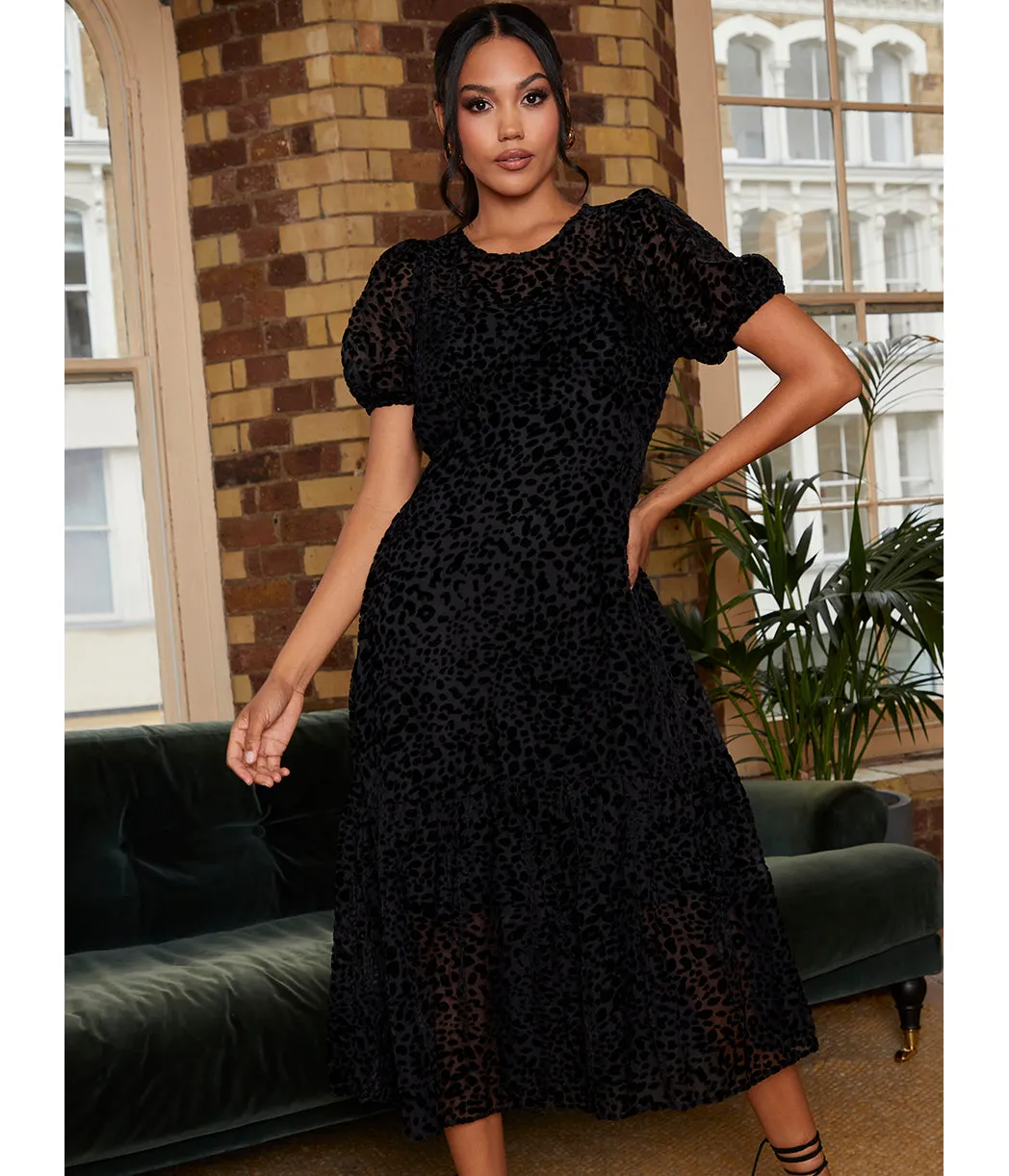 Chi Chi London Short Sleeve Sheer Detail Dobby Midi Dress in Black sold by Chi Chi London product image thumbnail 3