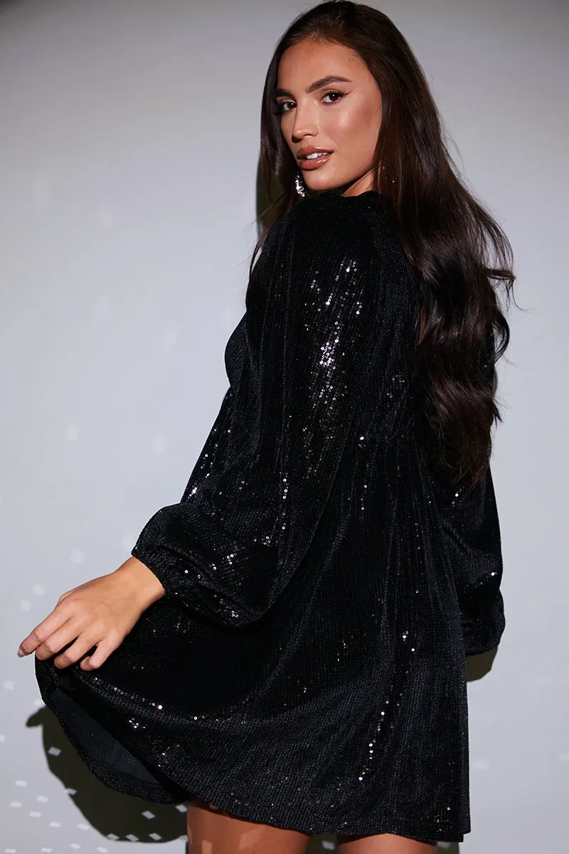 Black Sequin V Neck Smock Dress sold by Chi Chi London product image thumbnail 4