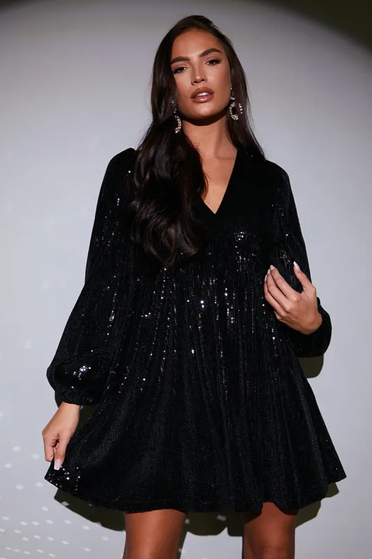 Black Sequin V Neck Smock Dress made by In the style