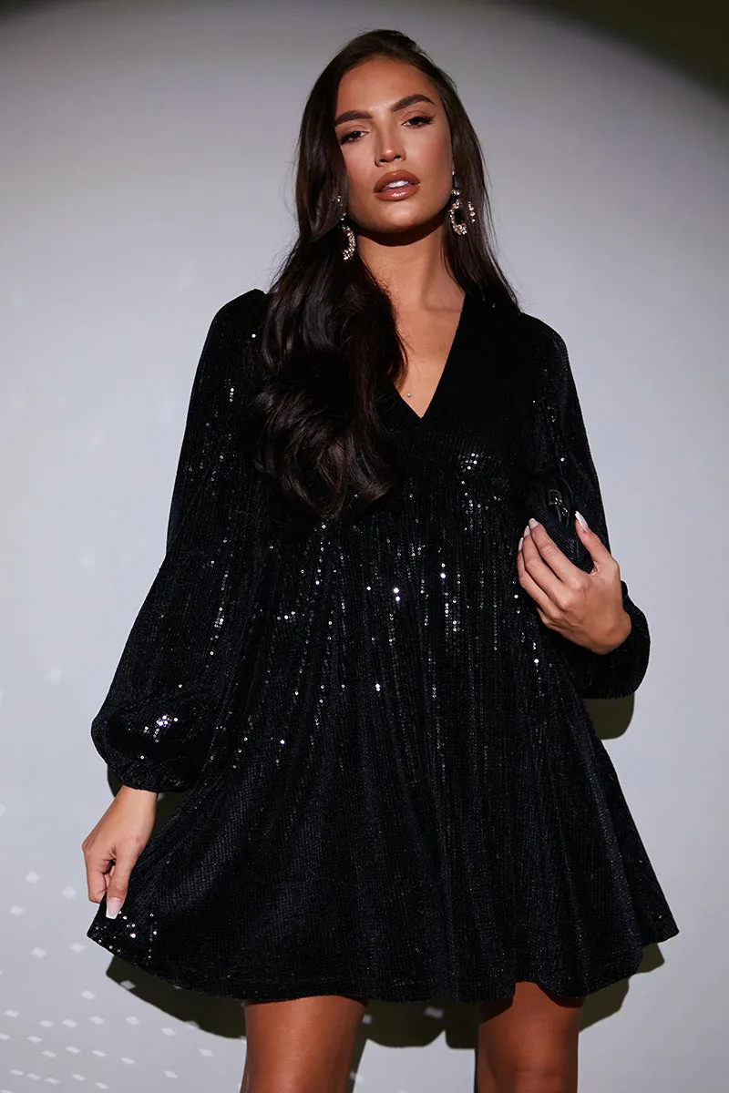 Black Sequin V Neck Smock Dress sold by Chi Chi London