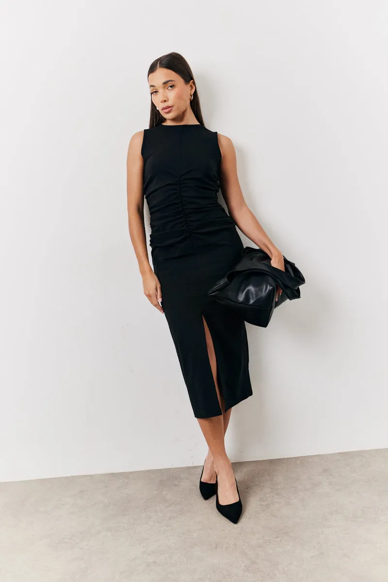 Black Bengaline Ruched Midi Dress sold by Chi Chi London