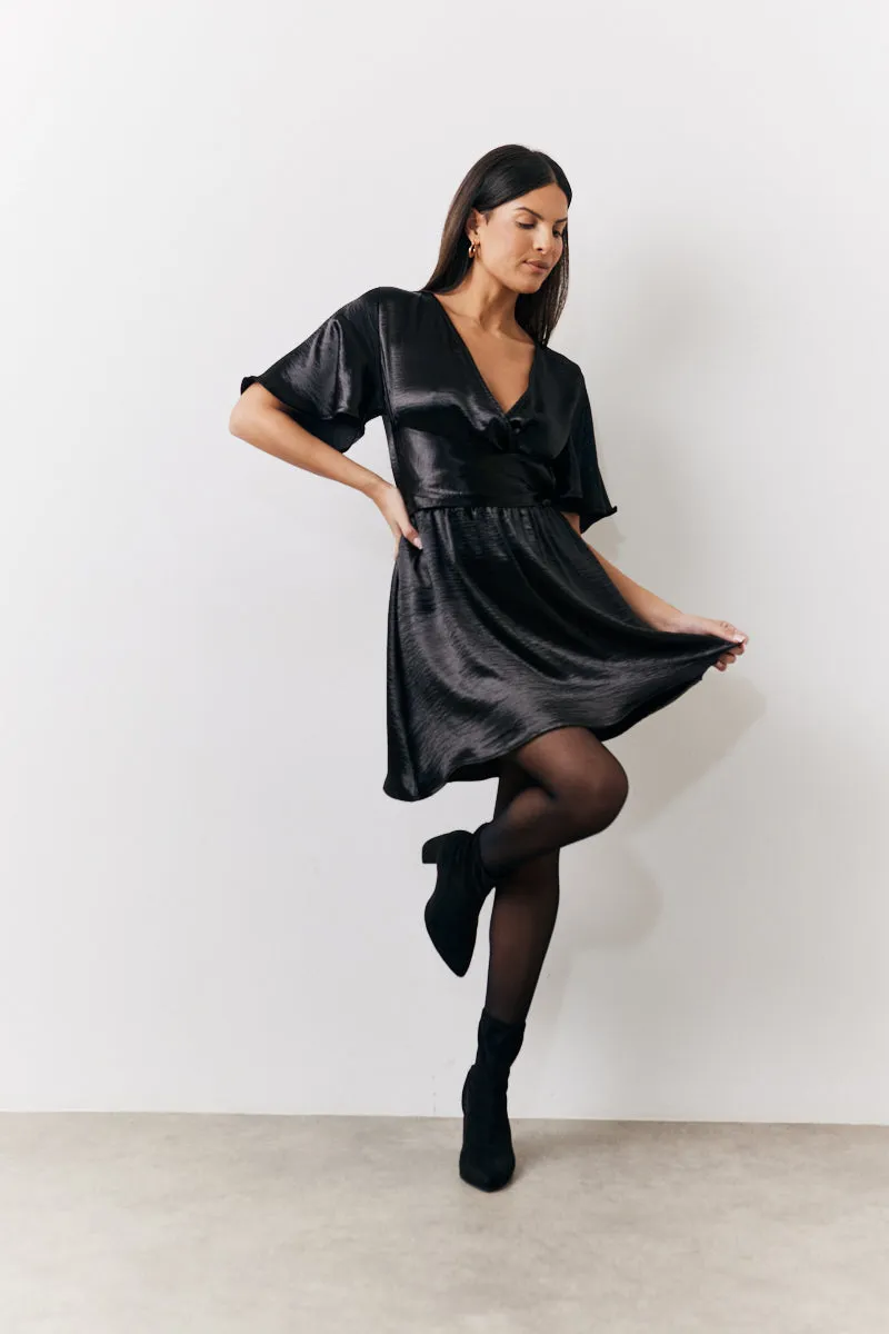 Black Liquid Satin Wrap Front Detail Mini Dress sold by Chi Chi London
