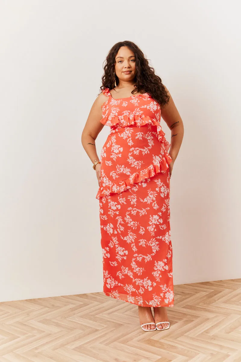 Coral Floral Print Chiffon Frill Detail Maxi Dress sold by Chi Chi London