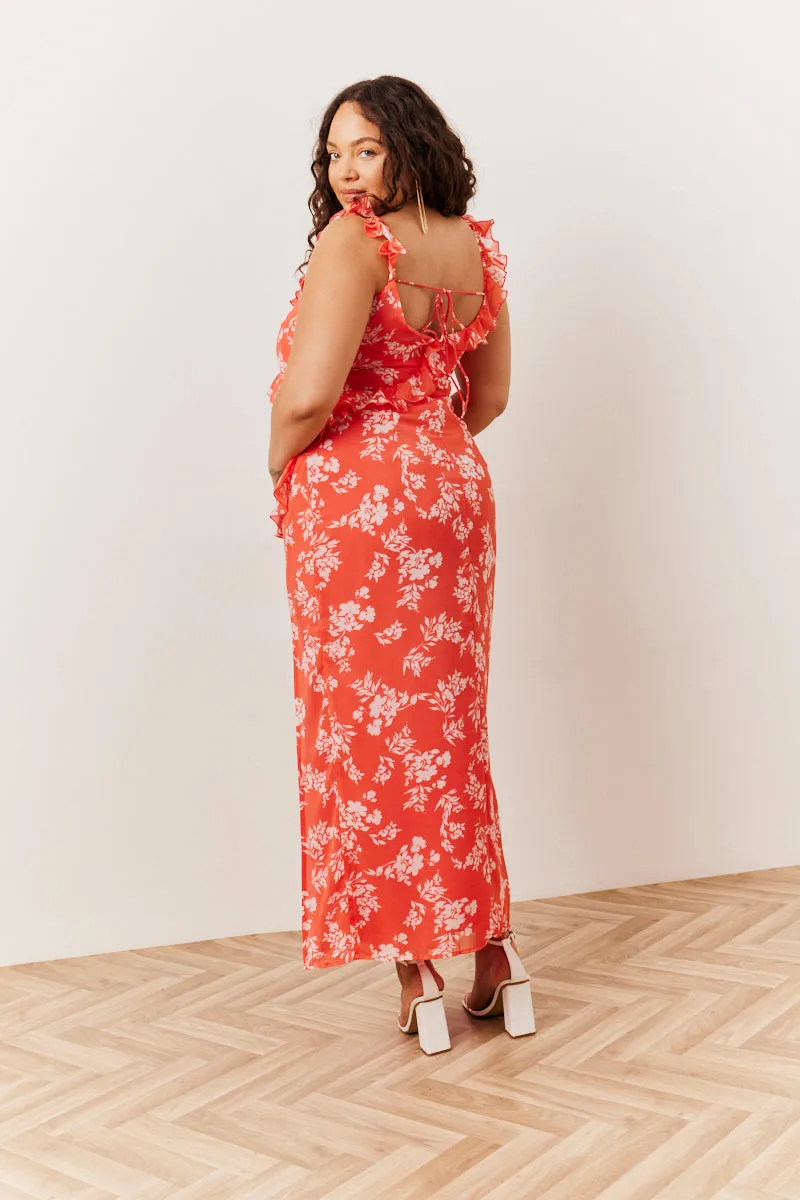 Coral Floral Print Chiffon Frill Detail Maxi Dress sold by Chi Chi London product image thumbnail 2