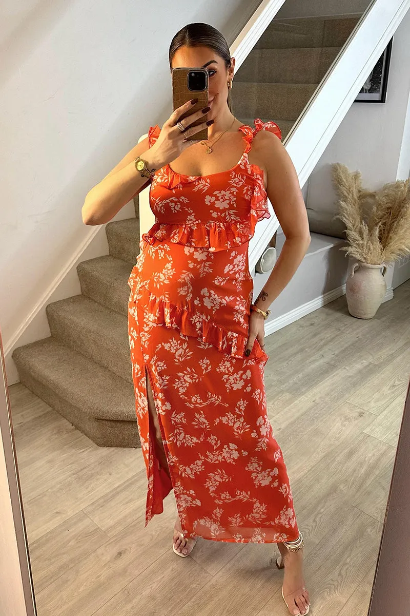 Coral Floral Print Chiffon Frill Detail Maxi Dress sold by Chi Chi London product image thumbnail 3