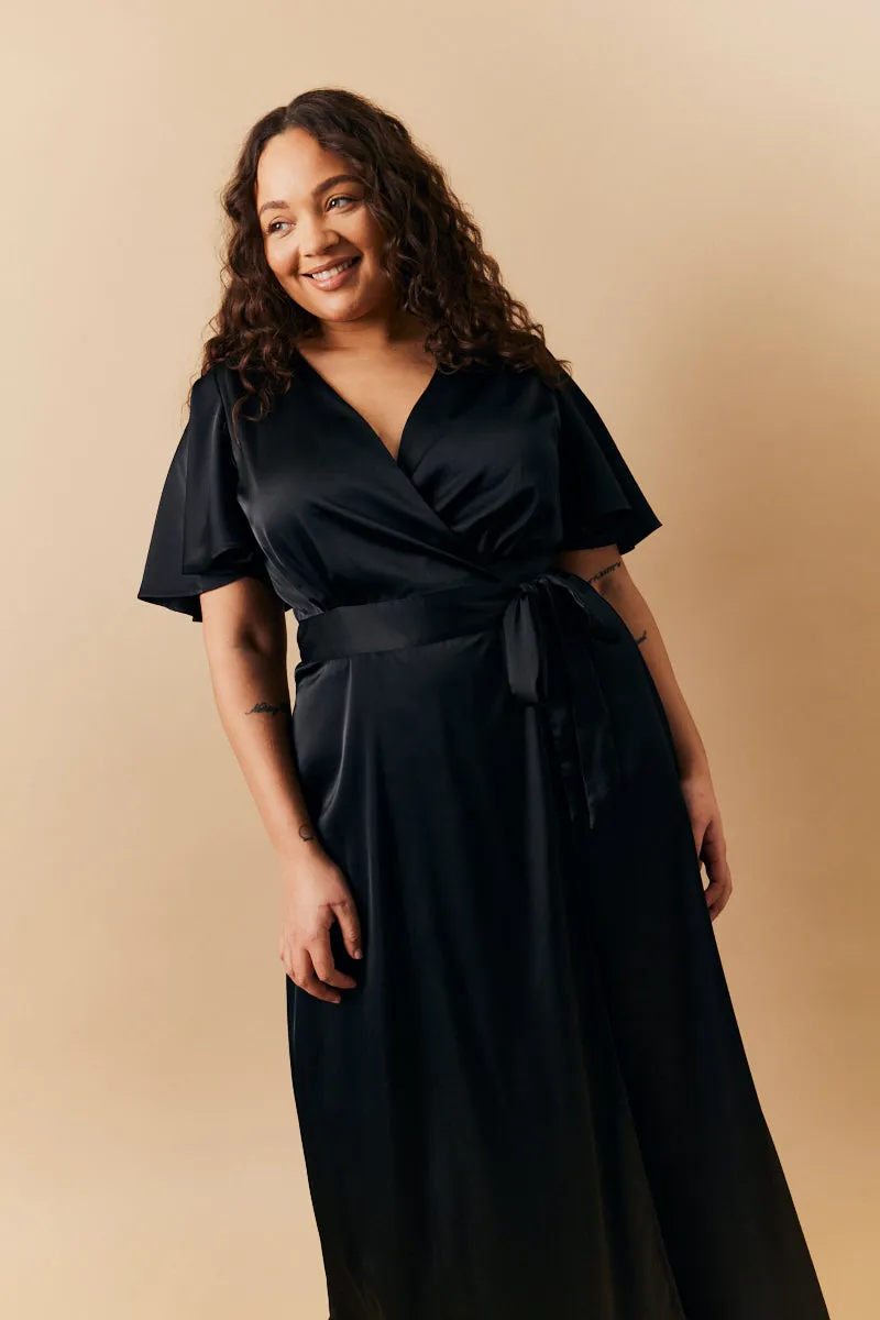 Black Satin Wrap Tie Angel Sleeve Maxi Dress sold by Chi Chi London product image thumbnail 4