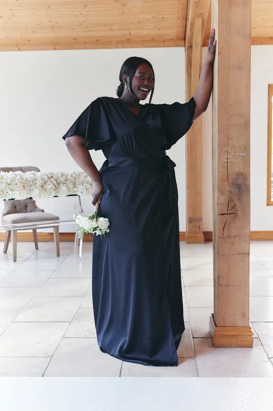 Black Satin Wrap Tie Angel Sleeve Maxi Dress made by In the style