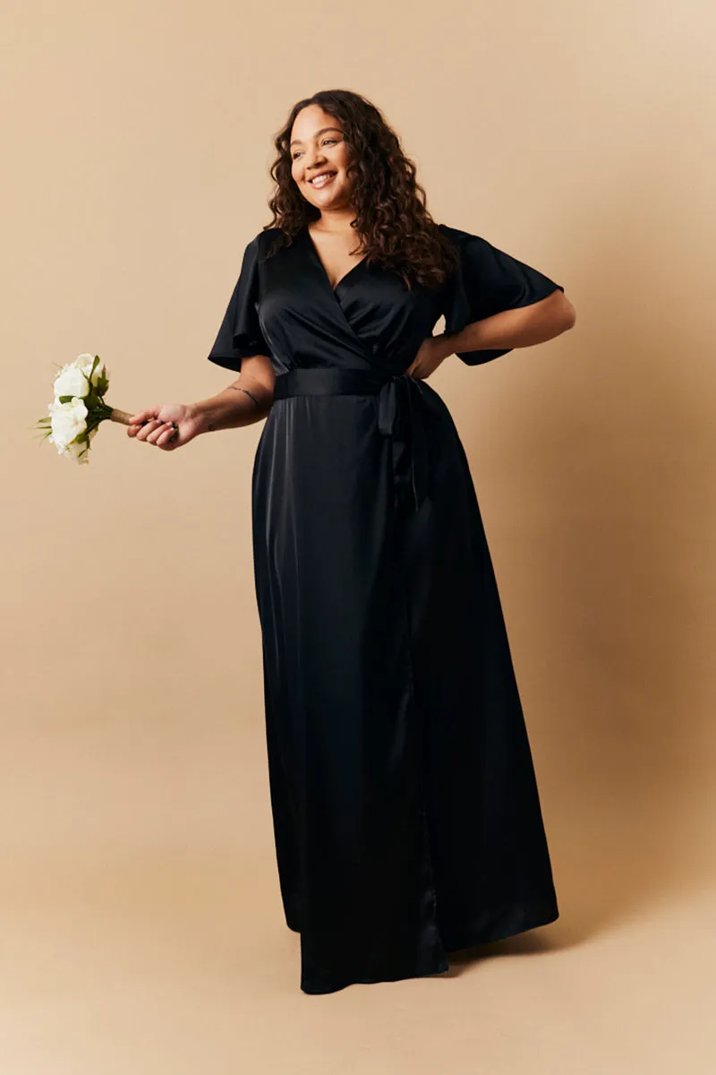 Black Satin Wrap Tie Angel Sleeve Maxi Dress sold by Chi Chi London product image thumbnail 2