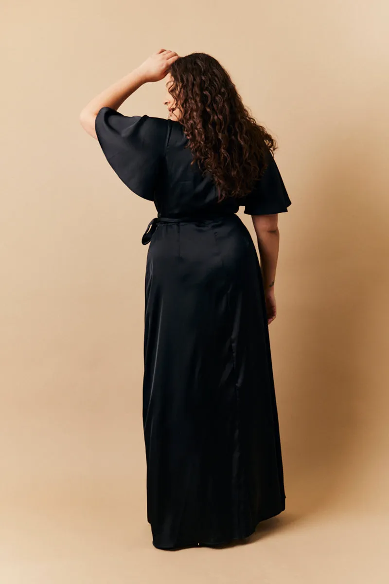 Black Satin Wrap Tie Angel Sleeve Maxi Dress sold by Chi Chi London product image thumbnail 3