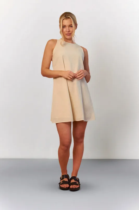 Stone Linen High Neck Sleeveless Smock Mini Dress made by In the style