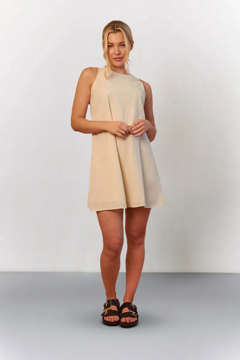 Stone Linen High Neck Sleeveless Smock Mini Dress sold by Chi Chi London