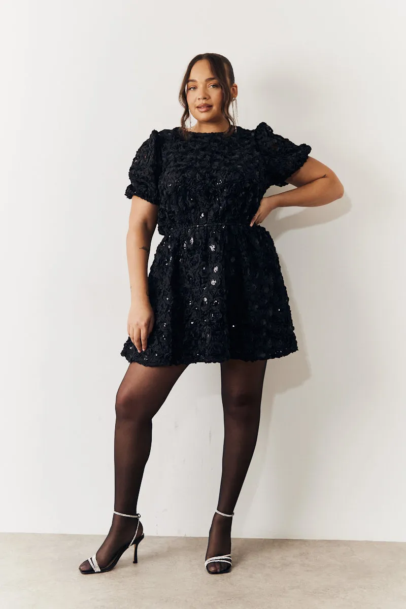 Black Sequin Floral Applique Fit and Flare Mini Dress sold by Chi Chi London product image thumbnail 2