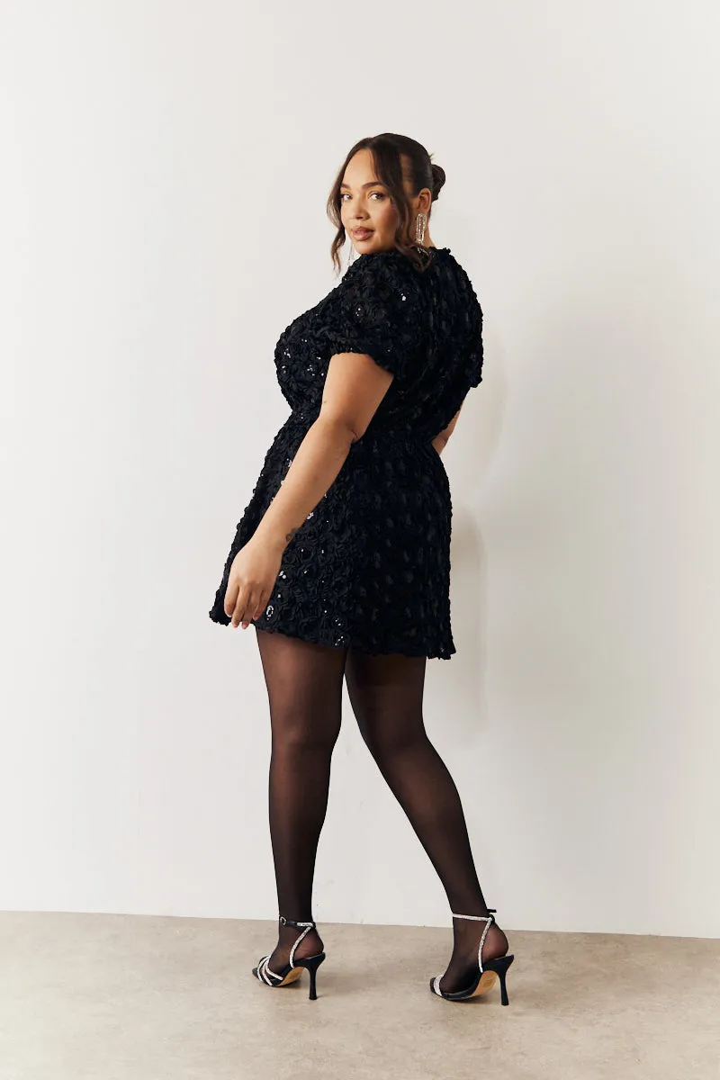 Black Sequin Floral Applique Fit and Flare Mini Dress sold by Chi Chi London product image thumbnail 4