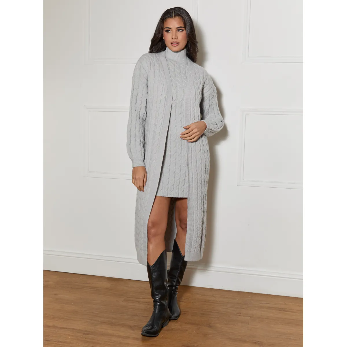 Chi Chi London All-Over Knitted Cable High Neck Mini Dress in Grey sold by Chi Chi London product image thumbnail 2
