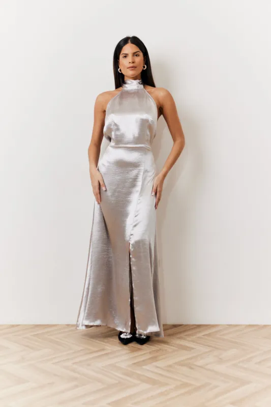 Silver Liquid Satin Halterneck Split Detail Maxi Dress made by In the style