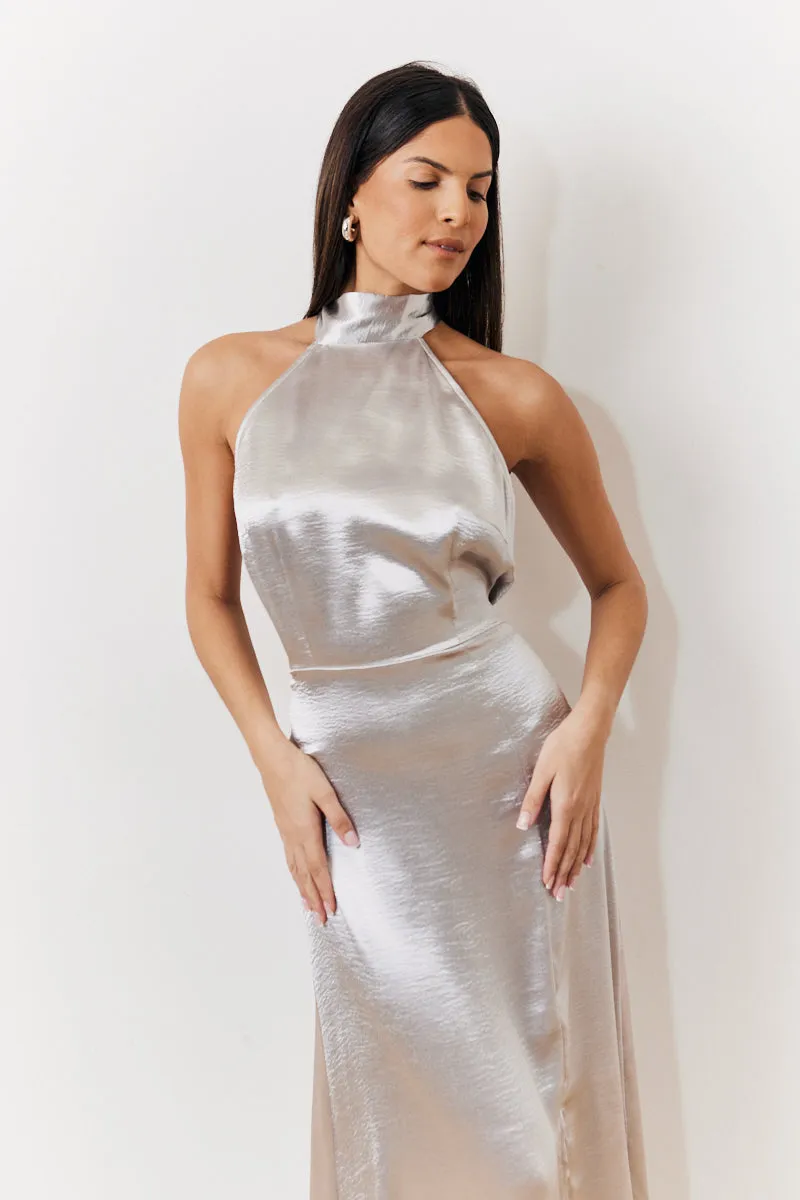 Silver Liquid Satin Halterneck Split Detail Maxi Dress sold by Chi Chi London product image thumbnail 2