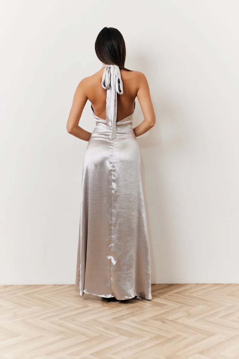 Silver Liquid Satin Halterneck Split Detail Maxi Dress sold by Chi Chi London product image thumbnail 3