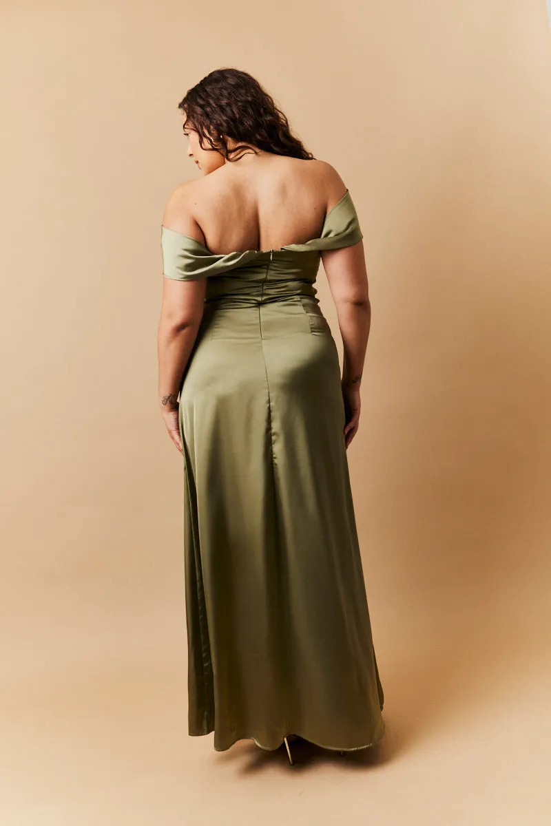 Olive Satin Bardot Ruched Maxi Dress sold by Chi Chi London product image thumbnail 3