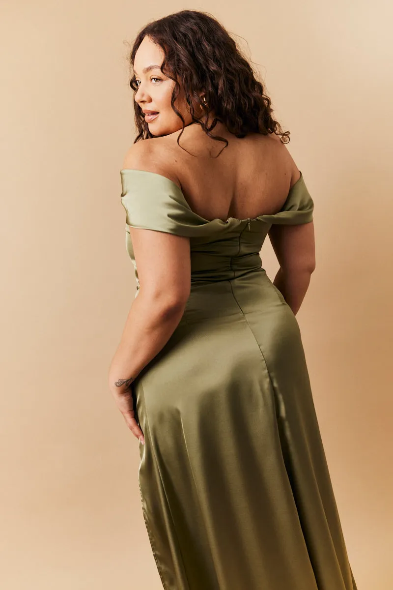 Olive Satin Bardot Ruched Maxi Dress sold by Chi Chi London product image thumbnail 4