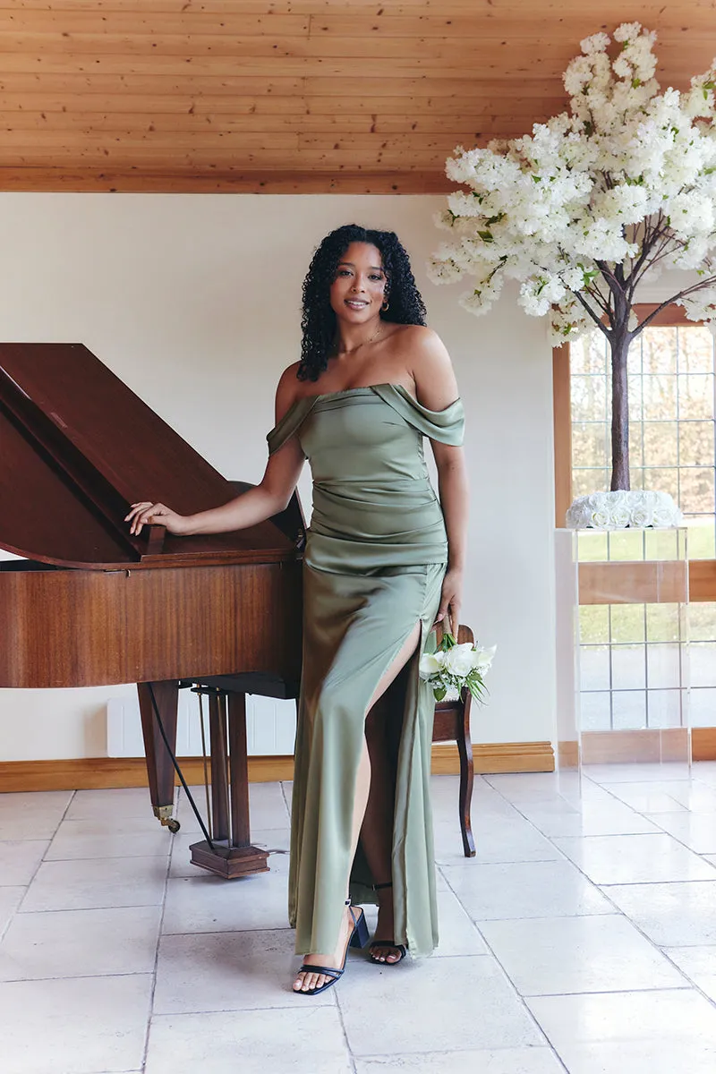 Olive Satin Bardot Ruched Maxi Dress sold by Chi Chi London