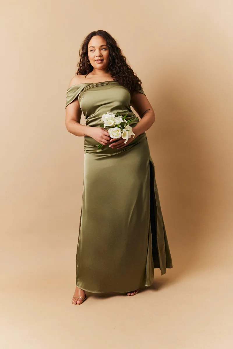 Olive Satin Bardot Ruched Maxi Dress sold by Chi Chi London product image thumbnail 2