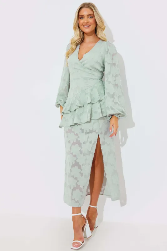 Jacquard Asymmetric Frill Wrap Midaxi Dress made by In the style