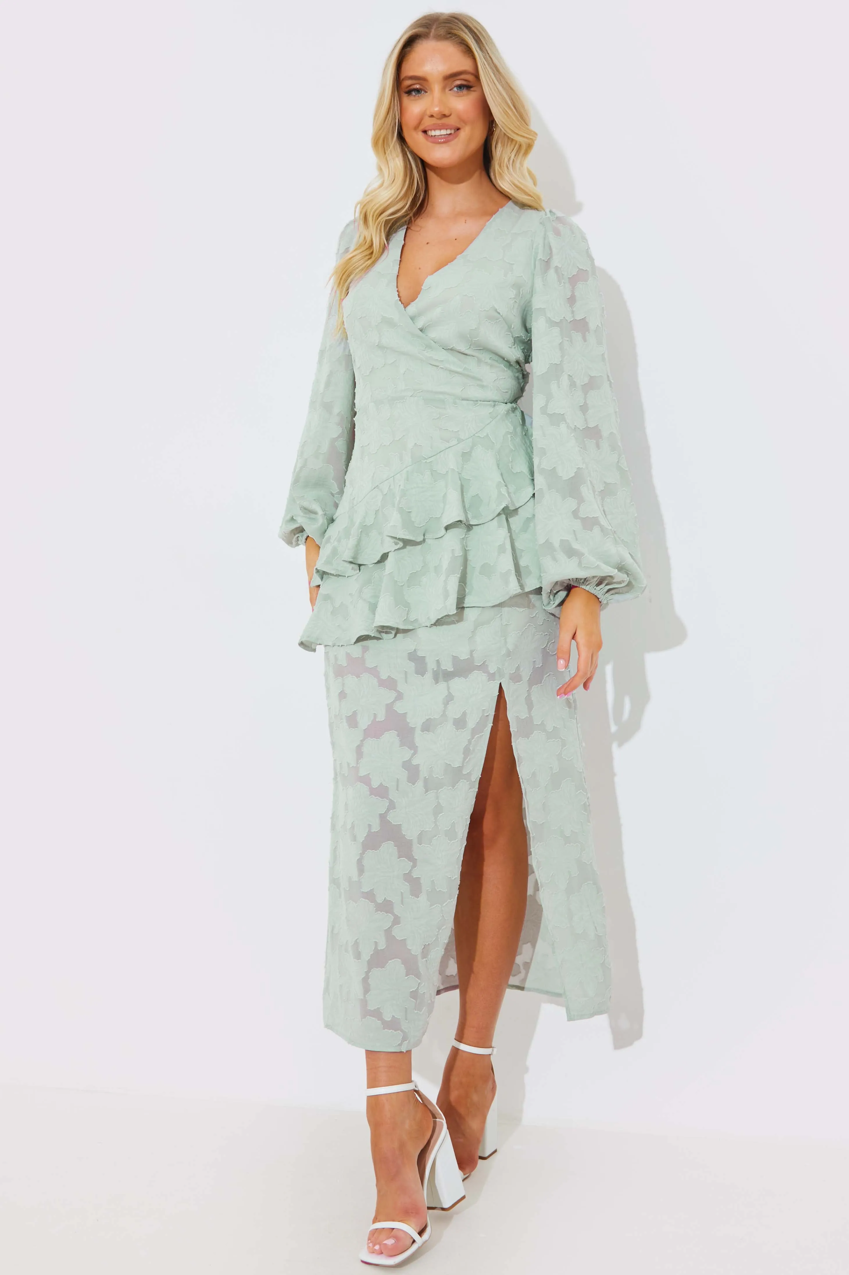 Jacquard Asymmetric Frill Wrap Midaxi Dress sold by Chi Chi London