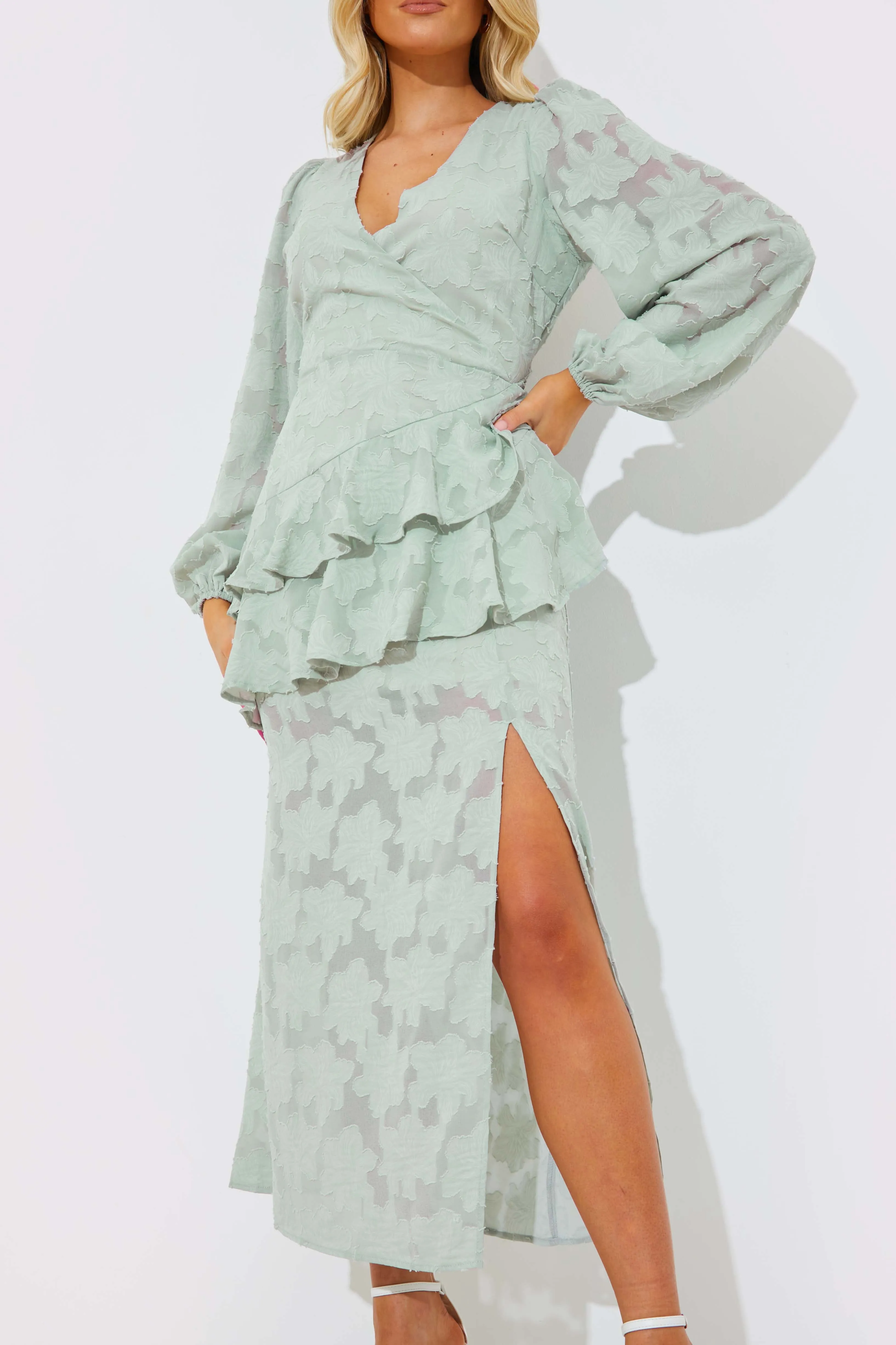 Jacquard Asymmetric Frill Wrap Midaxi Dress sold by Chi Chi London product image thumbnail 3
