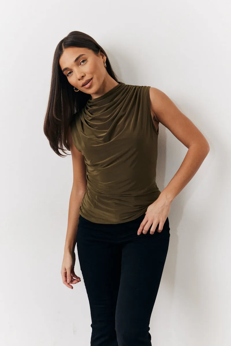 Khaki Slinky Cowl Front Sleeveless Top sold by Chi Chi London