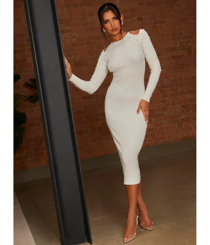 Chi Chi London Cold Shoulder Pearl Detail Rib Midi Dress in Cream made by In the style