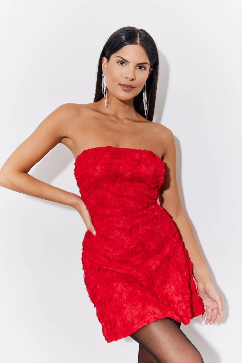 Red 3D Floral Bandeau Mini Dress sold by Chi Chi London