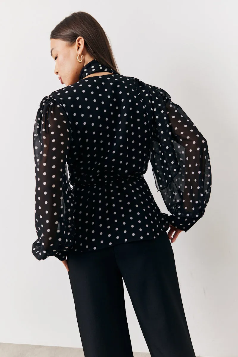 Black Polka Dot Tie Neck Blouse sold by Chi Chi London product image thumbnail 4