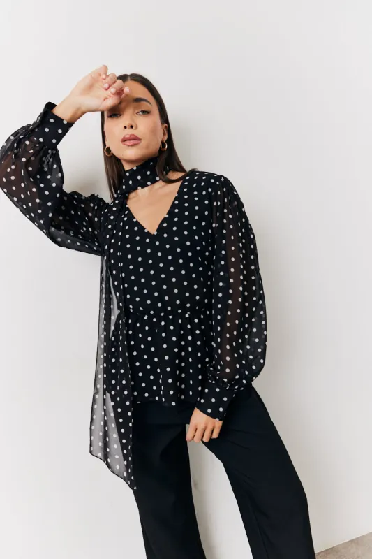 Black Polka Dot Tie Neck Blouse made by In the style