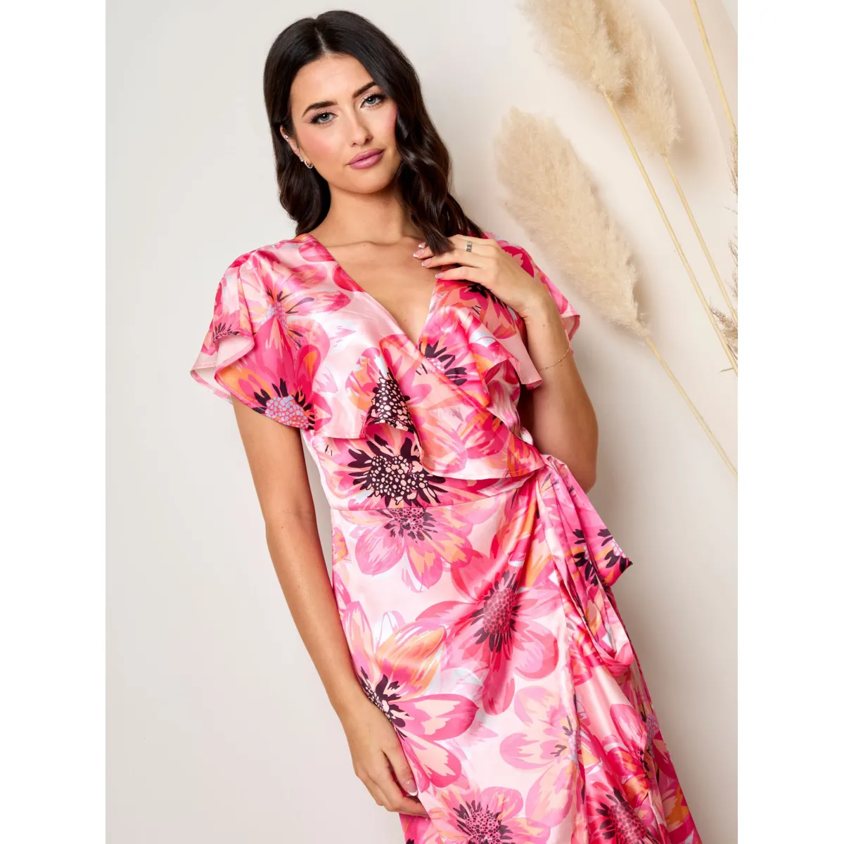Chi Chi London Flutter Sleeve Satin Wrap Dress in Pink sold by Chi Chi London product image thumbnail 2