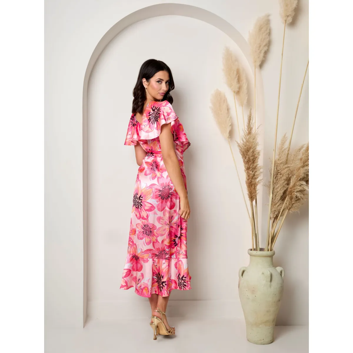 Chi Chi London Flutter Sleeve Satin Wrap Dress in Pink sold by Chi Chi London product image thumbnail 3