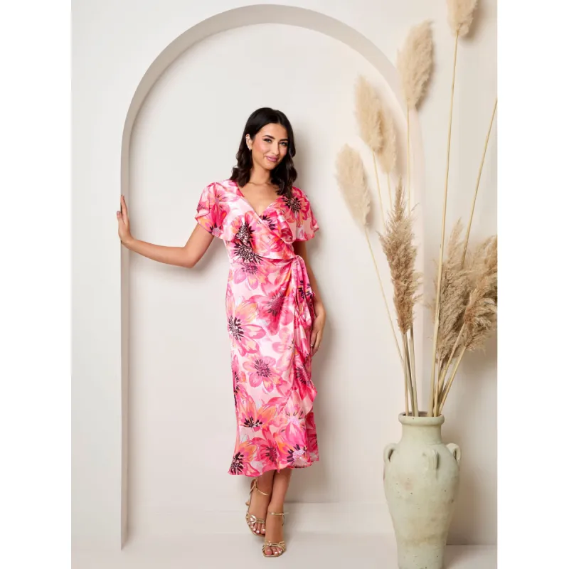 Chi Chi London Flutter Sleeve Satin Wrap Dress in Pink made by In the style