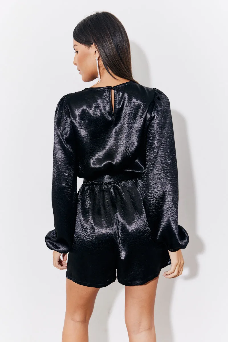 Black Liquid Satin Belted Detail Playsuit sold by Chi Chi London product image thumbnail 3