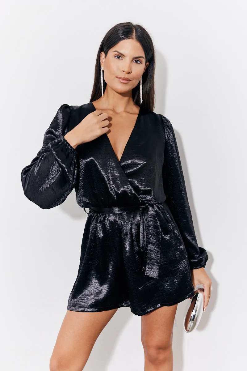 Black Liquid Satin Belted Detail Playsuit sold by Chi Chi London
