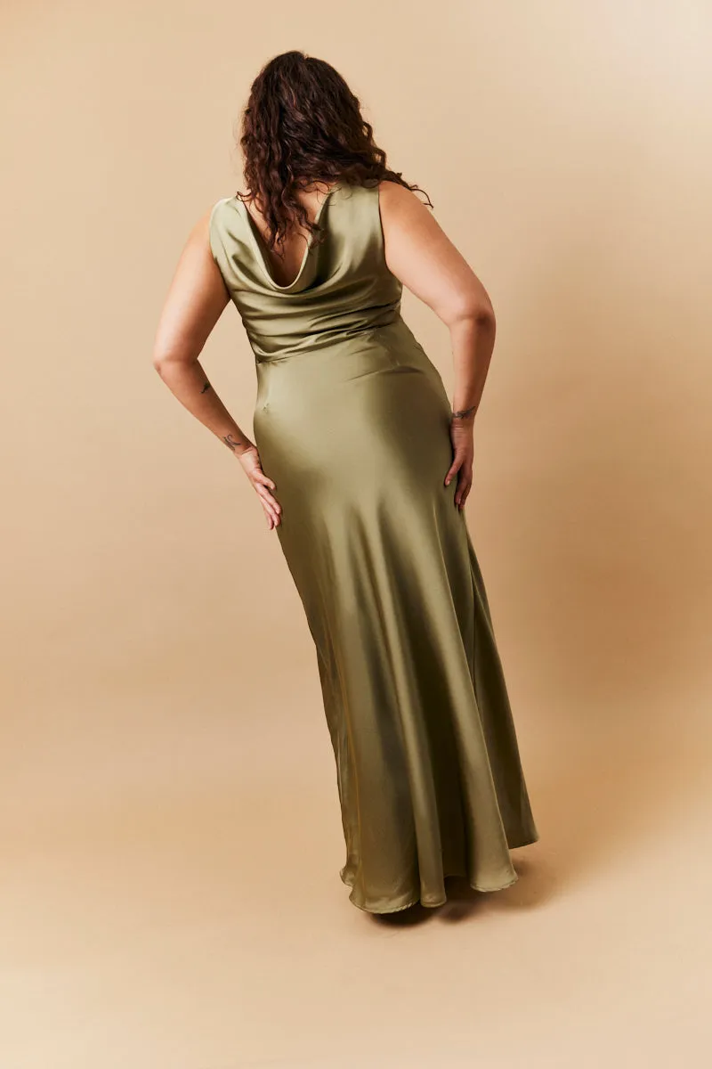 Olive Satin Cowl Back Maxi Dress sold by Chi Chi London product image thumbnail 3